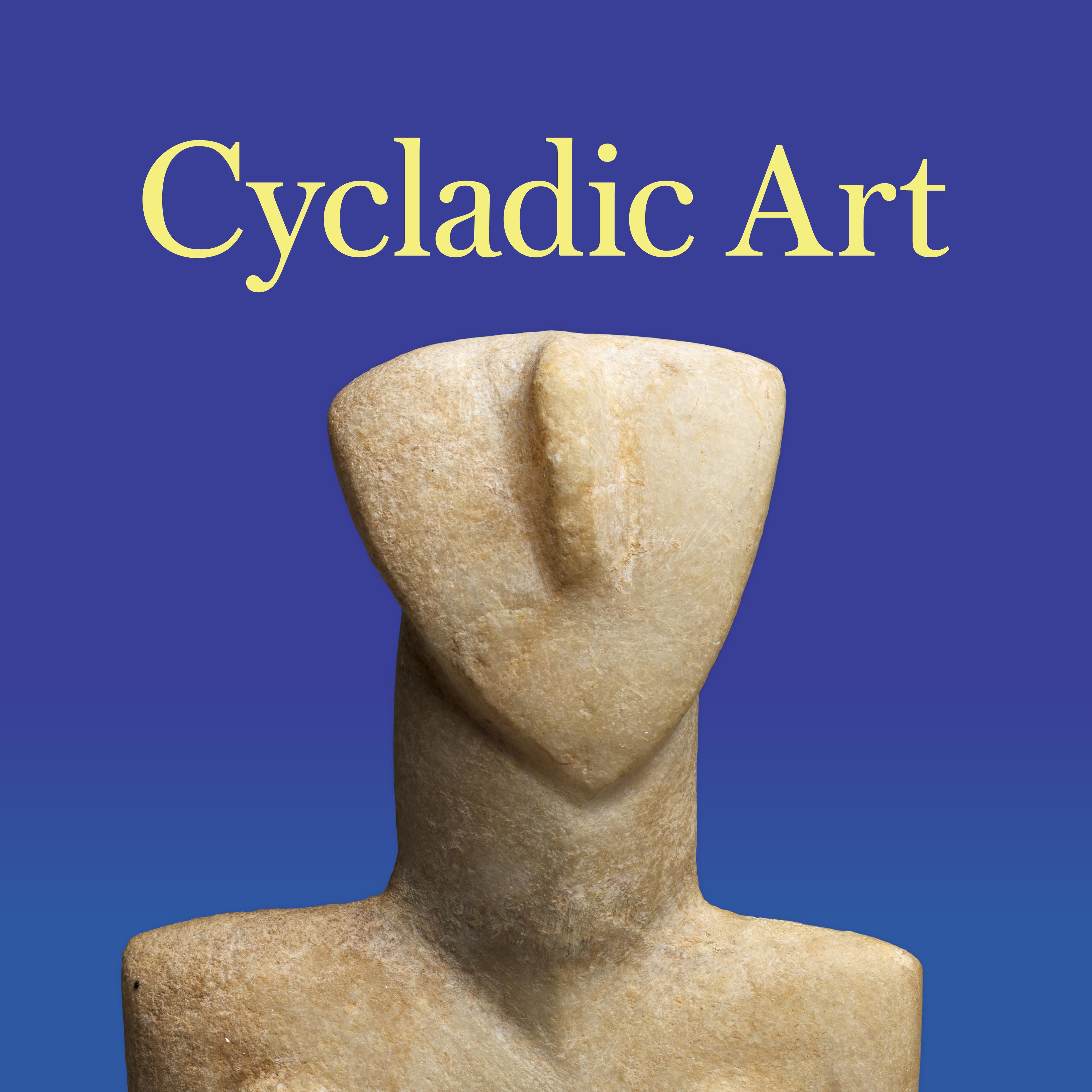 A marble carving of a female figure on a blue background with the words Cycladic Art
