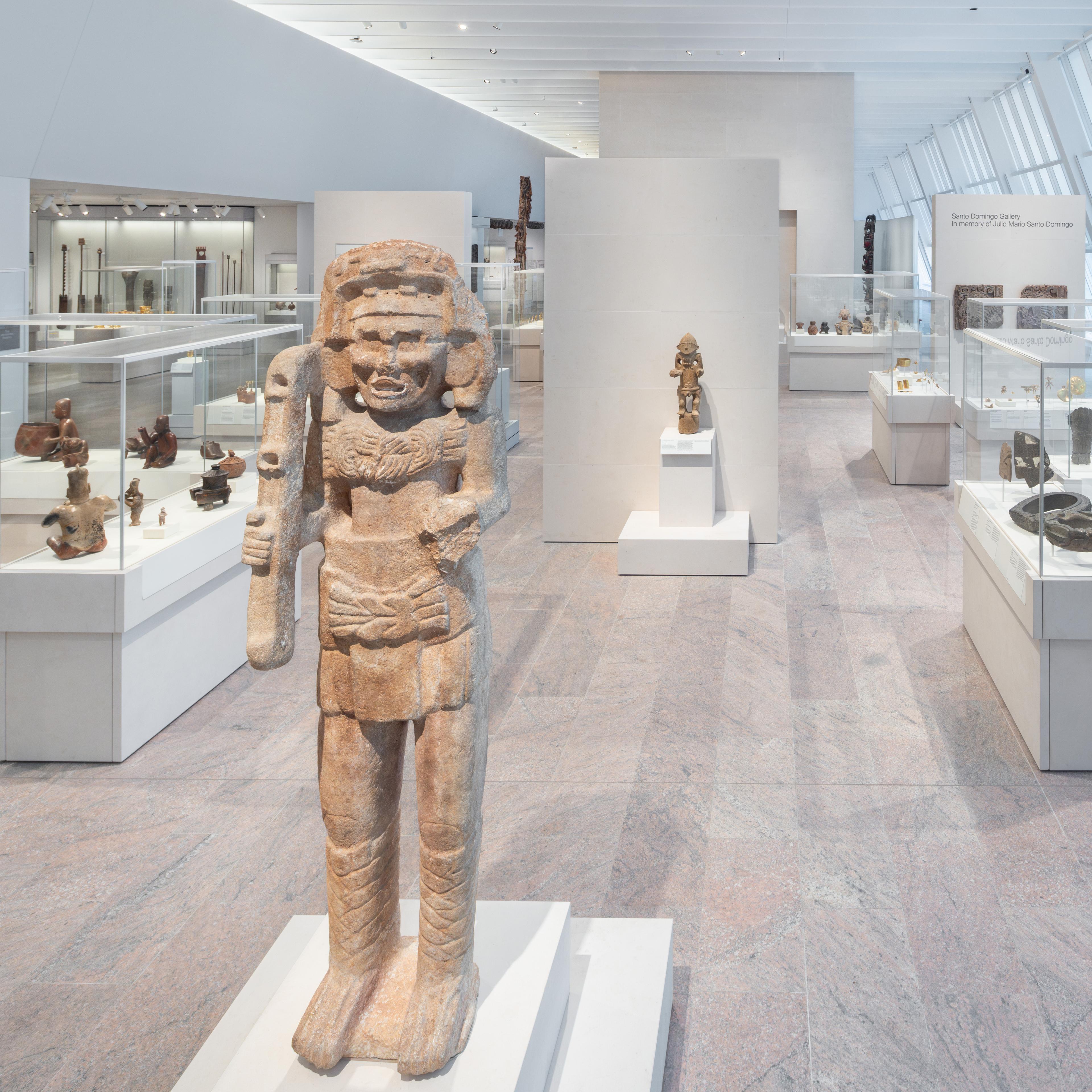 Bright gallery with white pedestals showcasing a variety of stone statues and objects in glass cases.