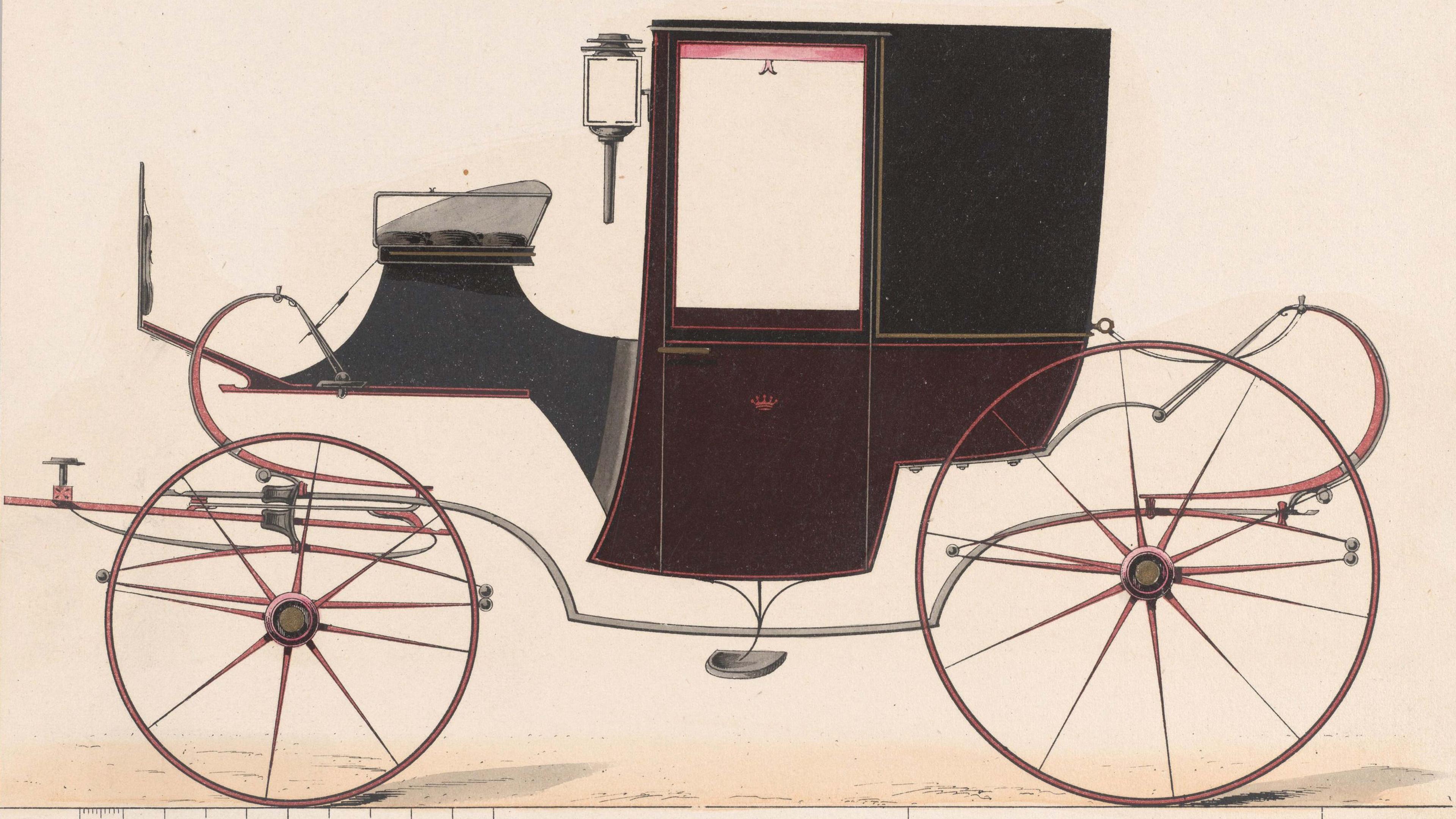 Print of a marron and black American carriage, circa 1880.