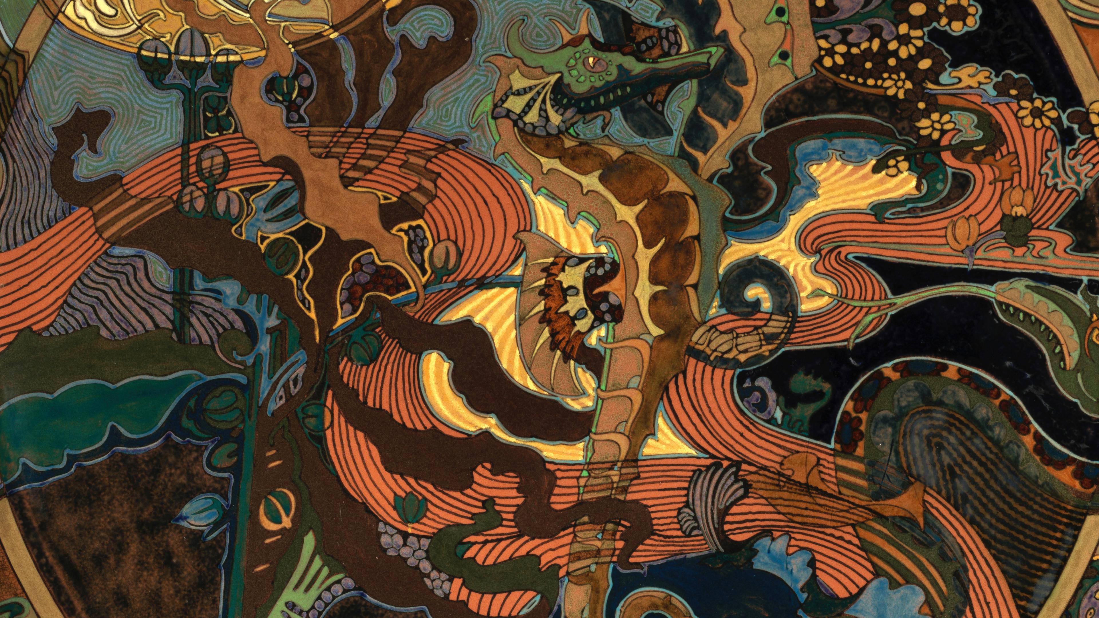 Intricate artwork featuring abstract swirling patterns with earth tones, including greens, browns, and oranges, depicting stylized mythical creatures and natural elements.