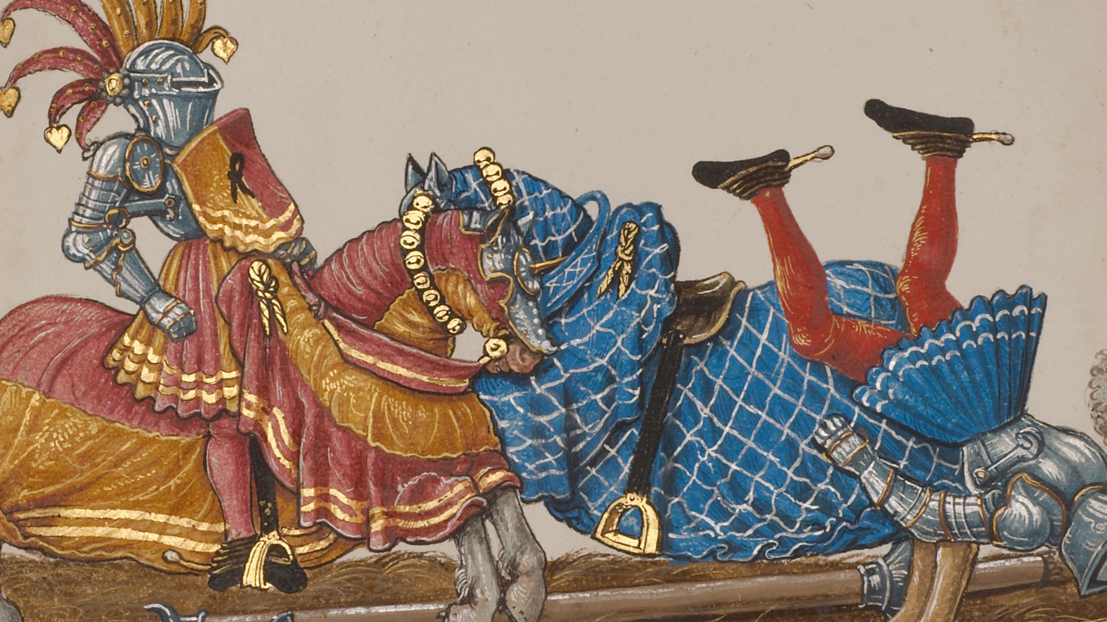 Painting of two figures in metal armor, figure on left rides a horse draped in orange and red fabric, figure on right is facing down, falling off of a horse draped in blue fabric.