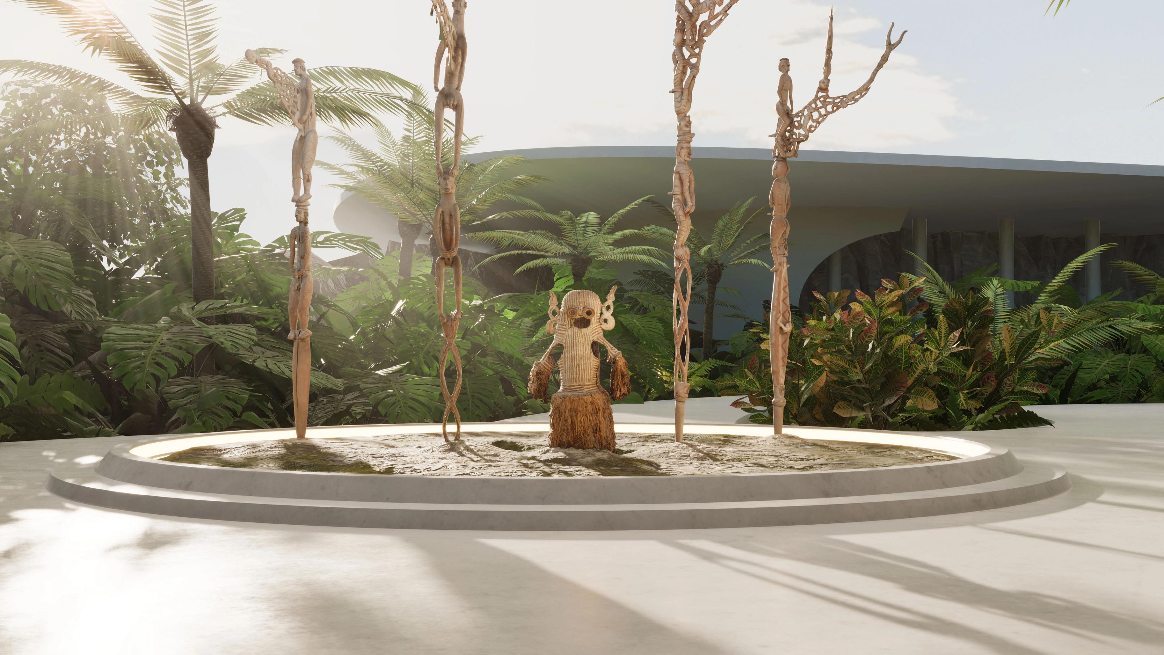 Rendering of a virtual gallery courtyard with five carved wooden sculptures from Oceania arranged in a circular sand platform, surrounded by lush tropical plants and modern architecture in the background.