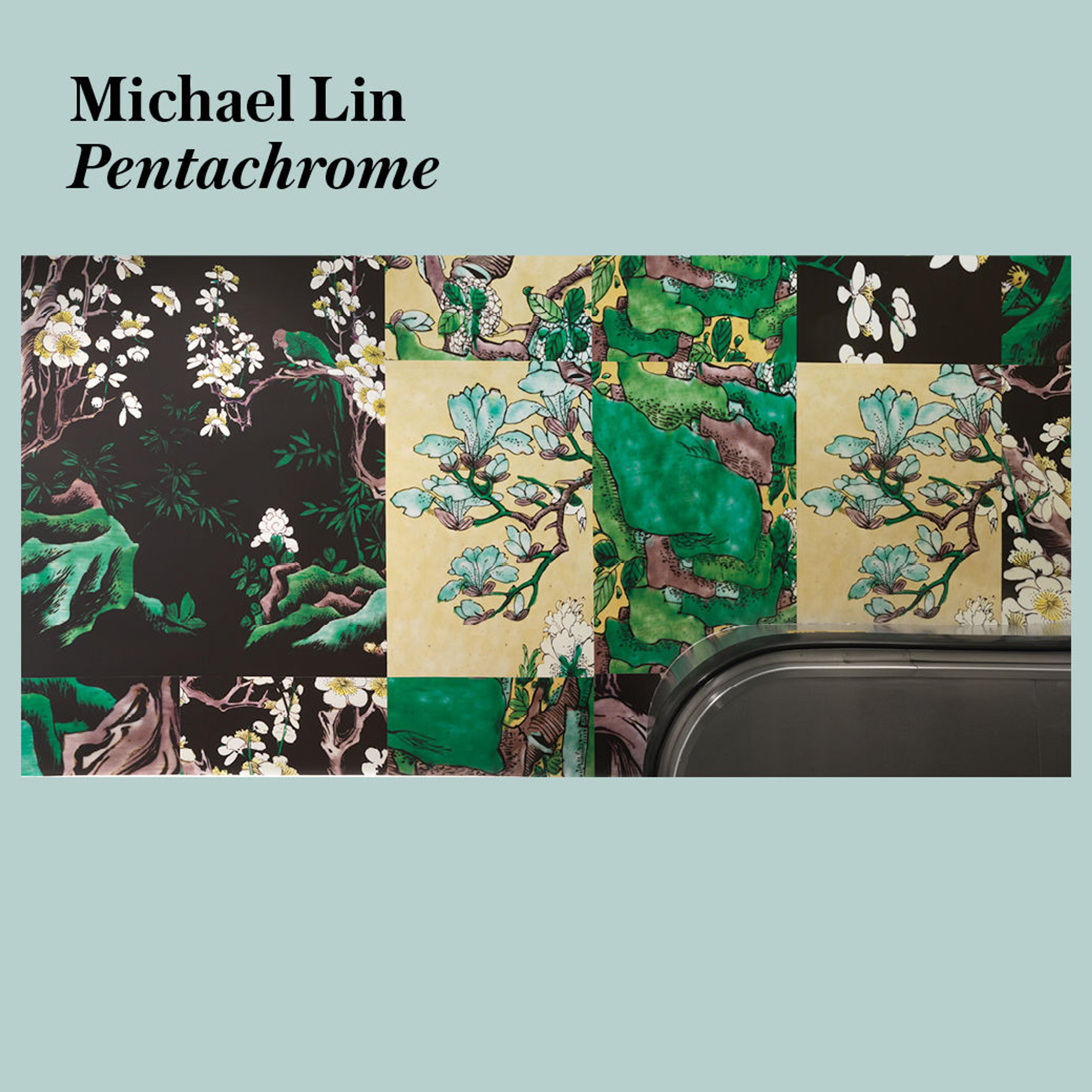 Wall art with a floral and botanical theme in green, black, and cream tones. Text on the left reads "Michael Lin Pentachrome" on a pale blue background.