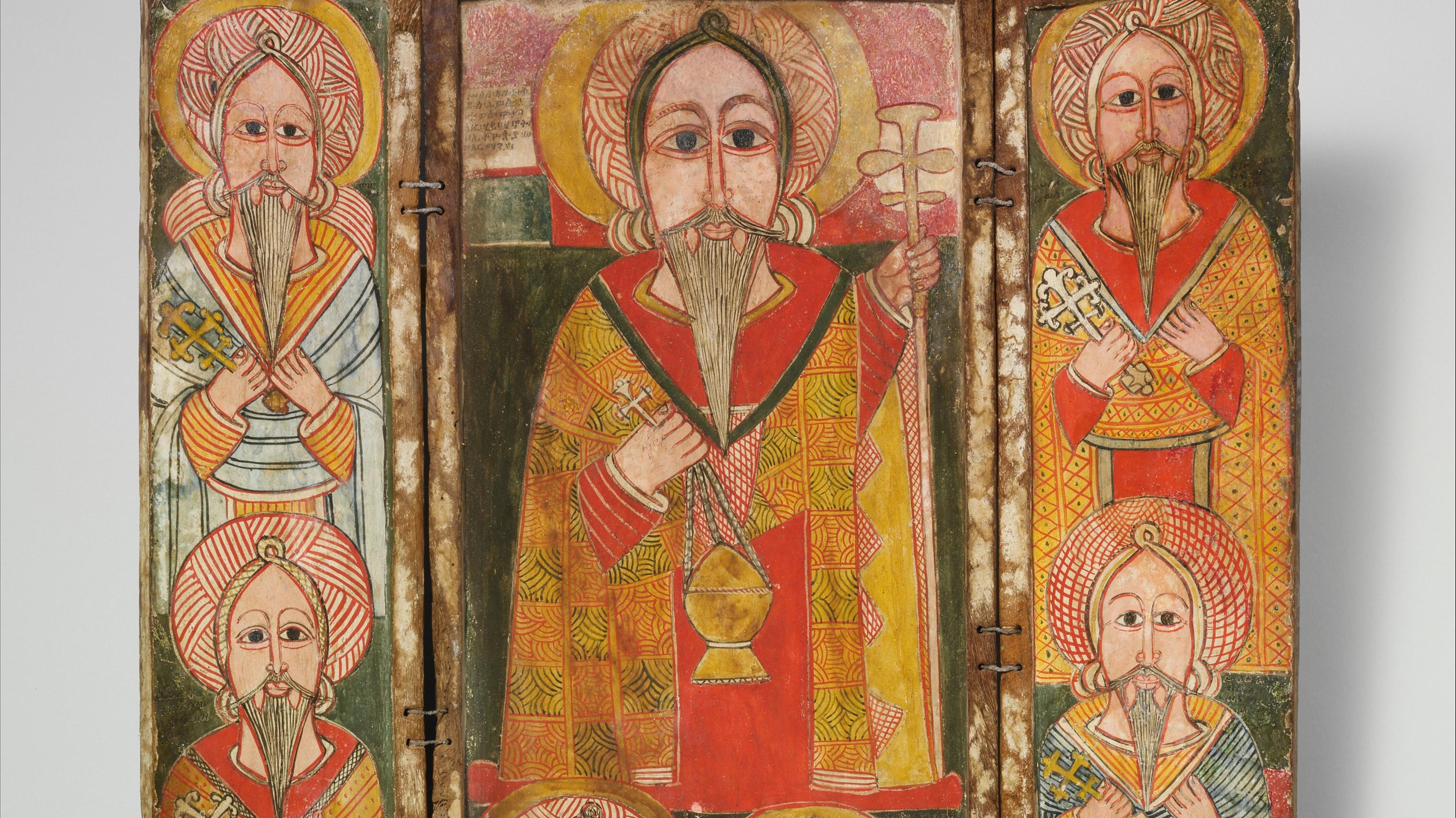 A tryptect of eight acolytes in vibrant, robes with colorful swirling patterns. 