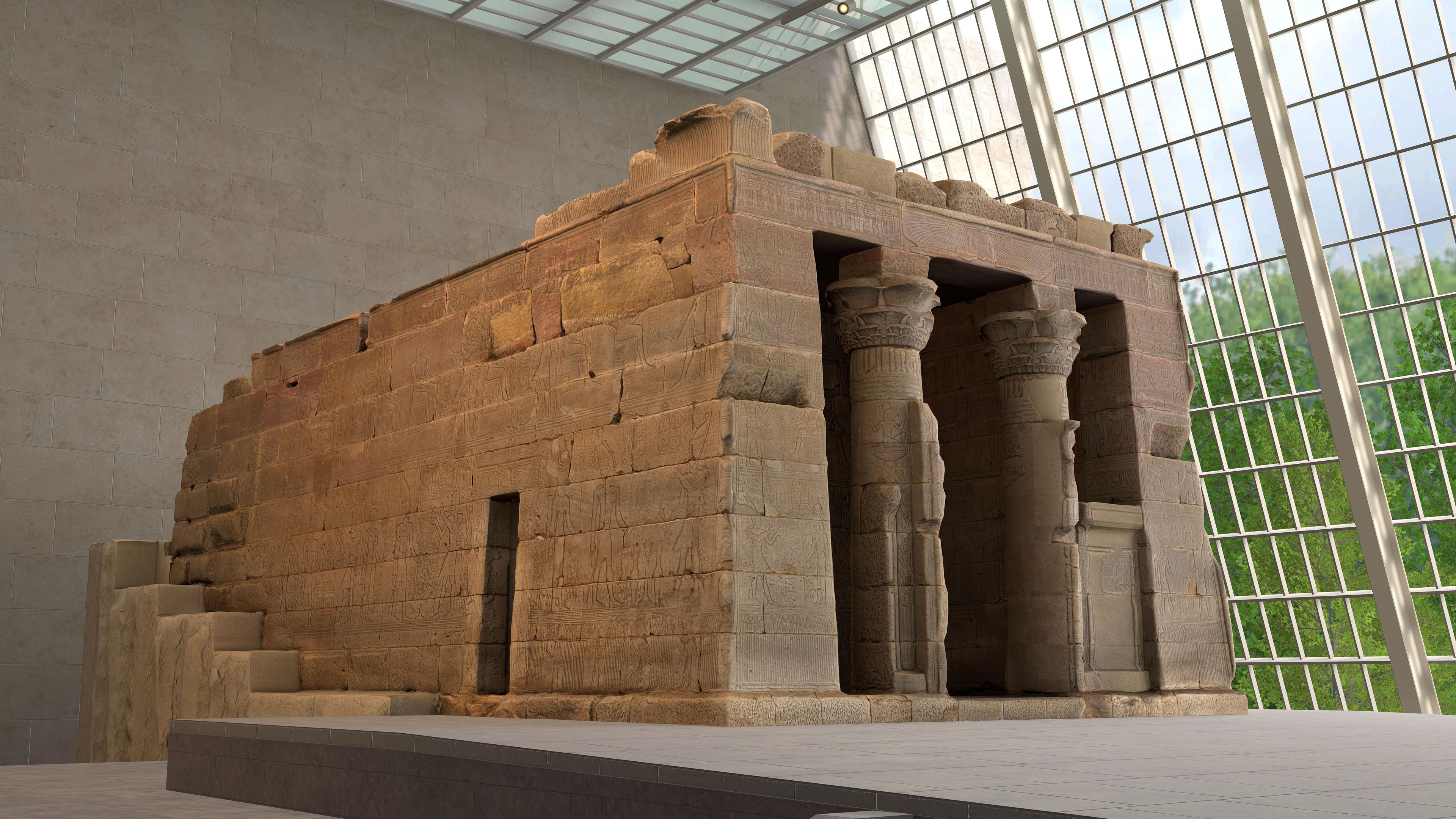 3D Rendering of an Egyptian temple with columns and carvings, displayed indoors on a platform with a glass wall and large windows letting in natural light.