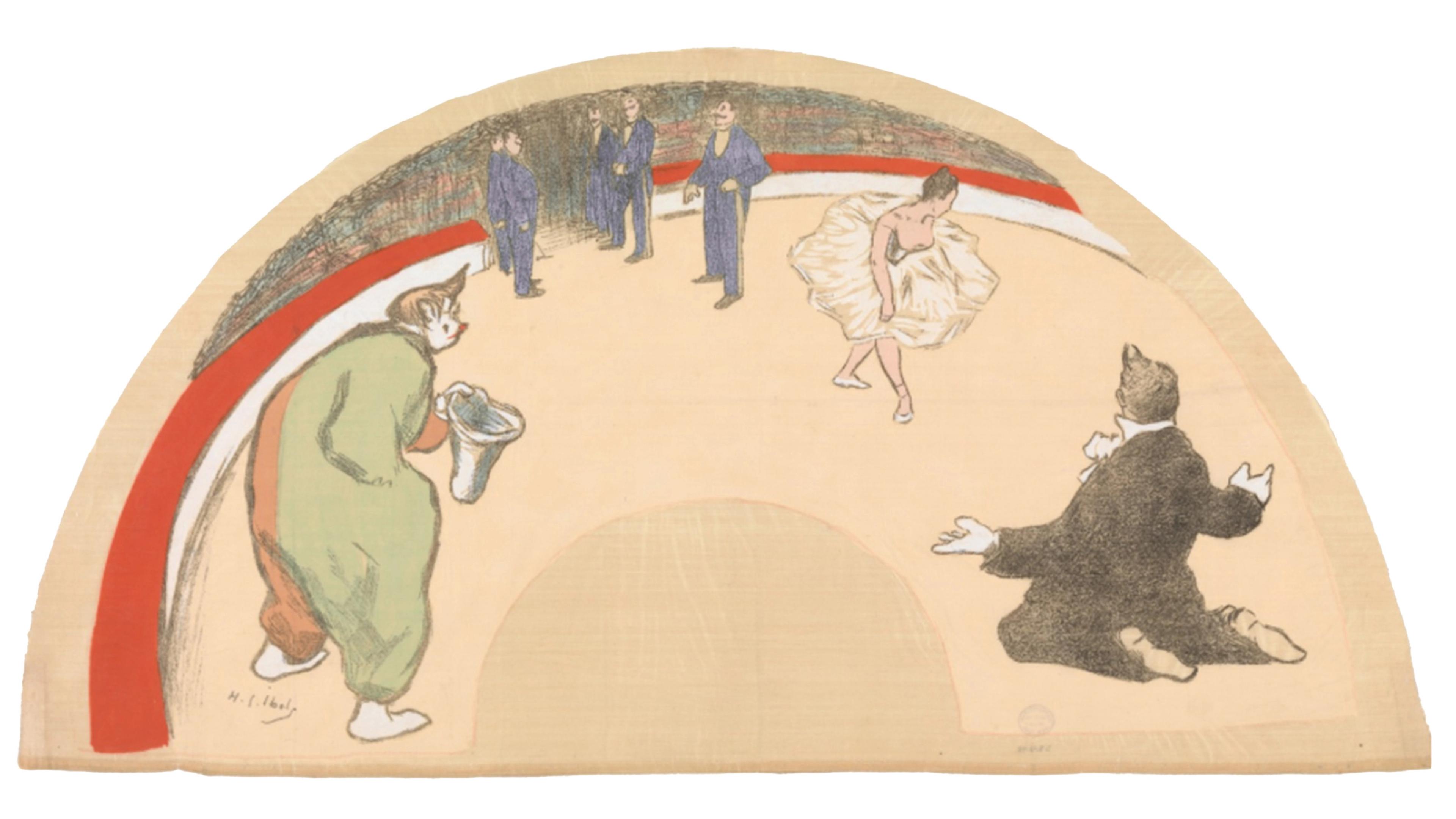 Illustration of a circus ring with performers and a dancer in a tutu. A clown and a seated man watch, conveying a lively, comedic atmosphere.