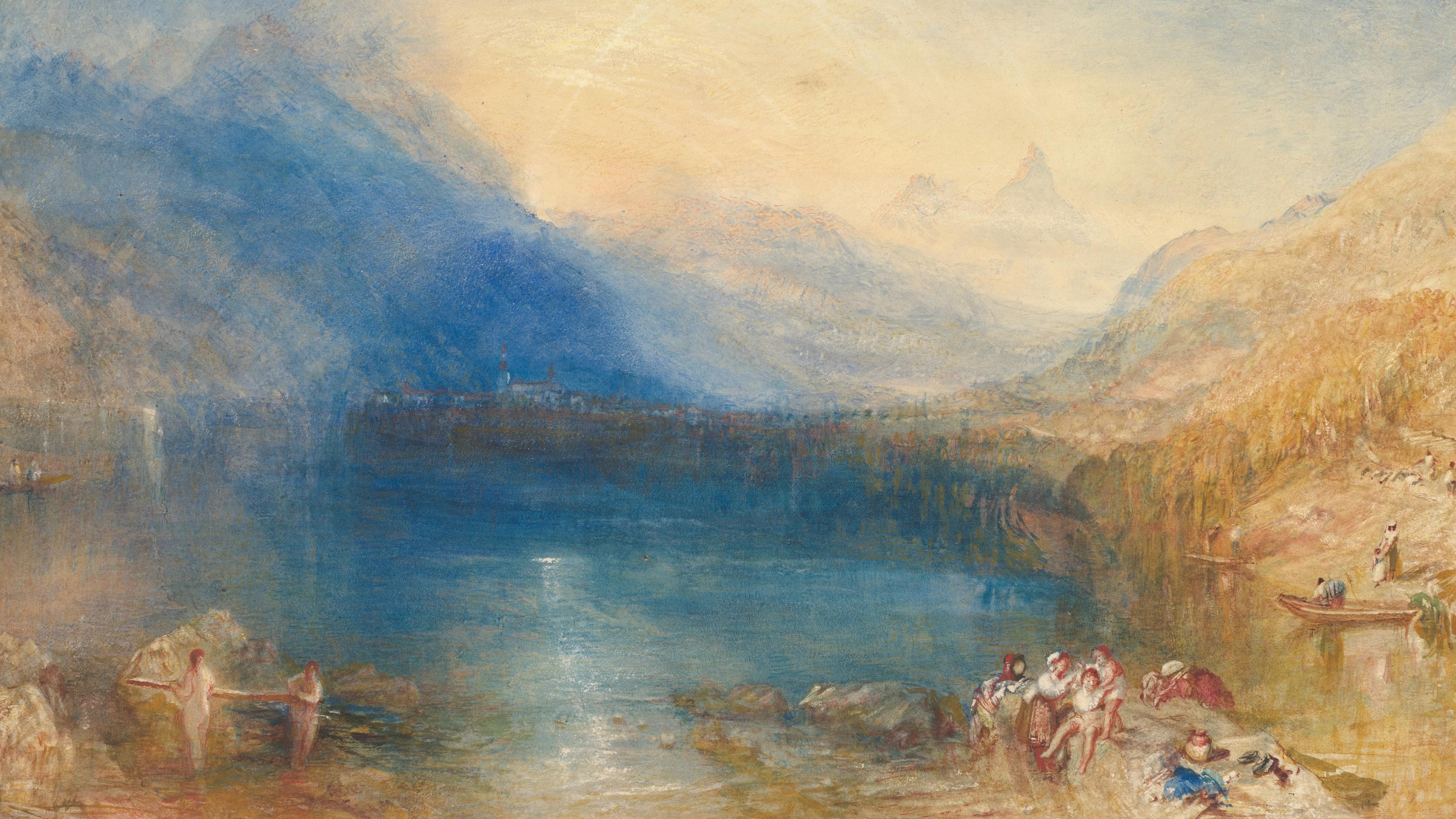 A serene lakeside scene with softly glowing sunset hues. Mountains rise in the background, while figures on shore and in the water create a tranquil mood.