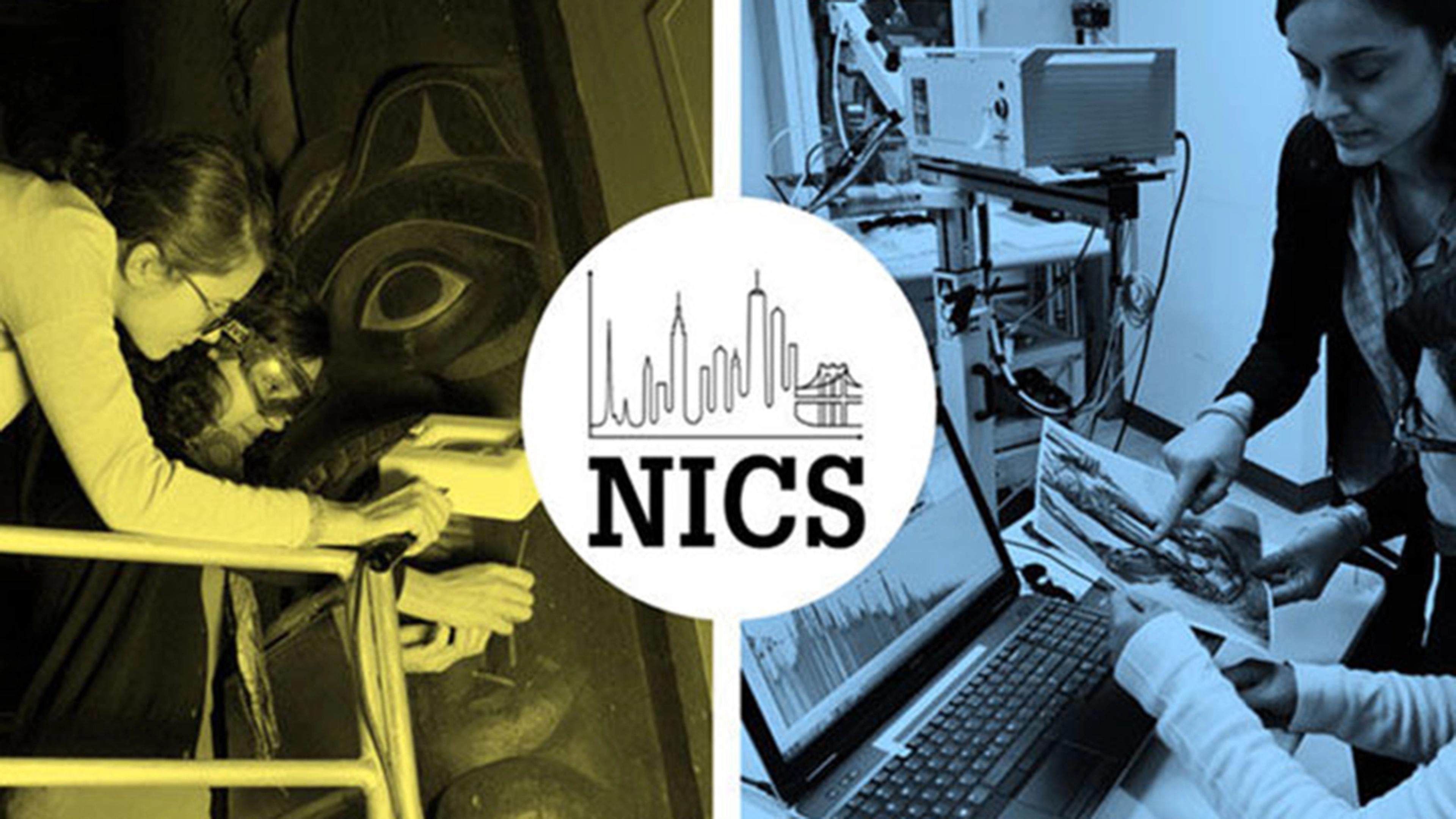 Two images of scientists at work, superimposed with the logo for NICS, written under an outline of the NYC skyline.