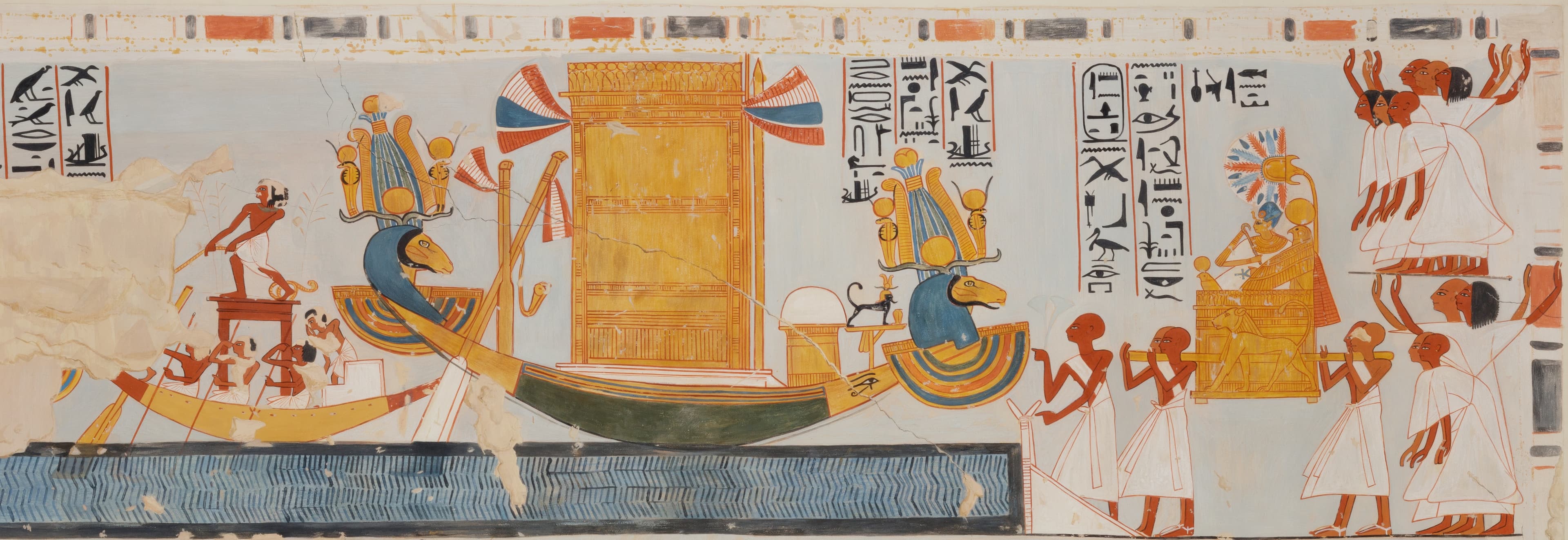 A tempura painting on paper depicting reduced geometric figures in ancient Egyptian style attending the Beautiful Festival of the Valley procession with statues of the deities Amun, Mut, and Khonsu leaving the Karnak temple by boat.